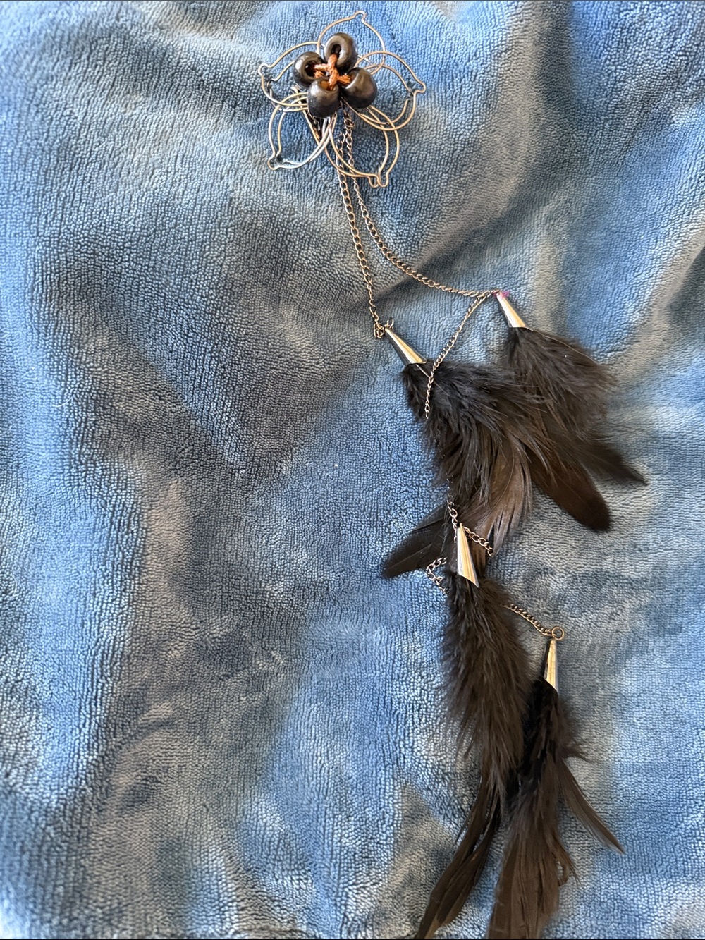 Boho Feather Hair Clip Silver with Black Feathers long length